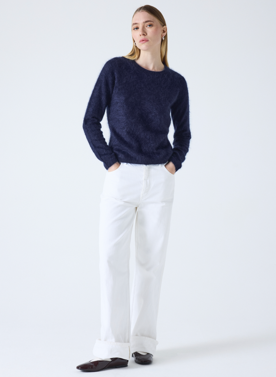 crew neck navy cashmere jumper with fluffy texture model shot