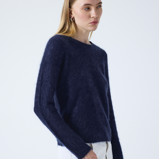 crew neck navy cashmere jumper with fluffy texture side 