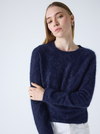 crew neck navy cashmere jumper with fluffy texture model shot