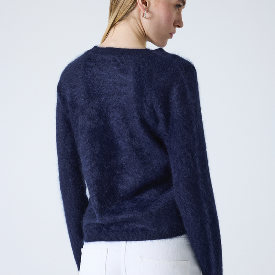 crew neck navy cashmere jumper with fluffy texture rear view 
