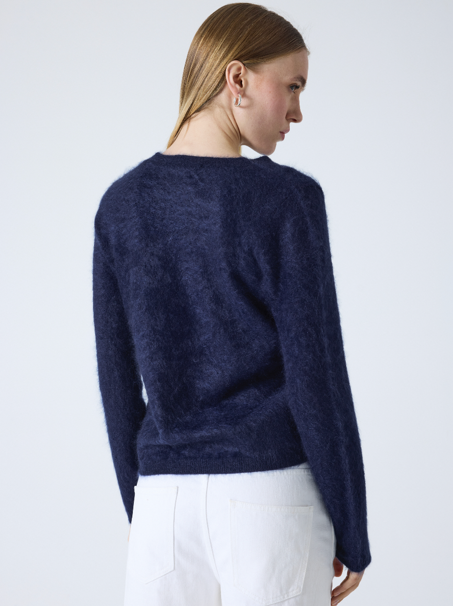 crew neck navy cashmere jumper with fluffy texture rear view 