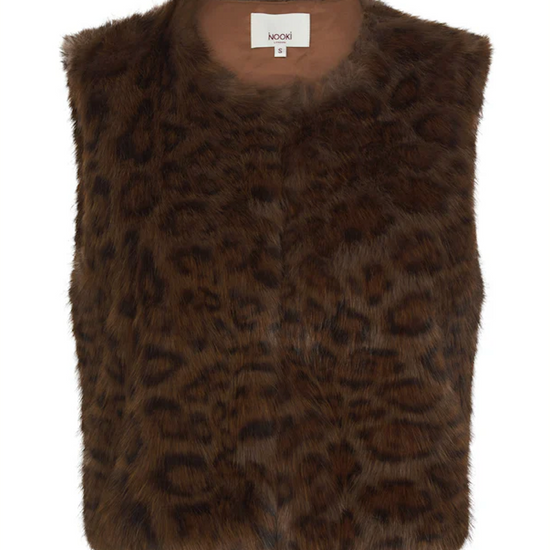 chocolate brown leopard print faux fur gilet with round neck and hook closure