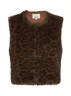 chocolate brown leopard print faux fur gilet with round neck and hook closure