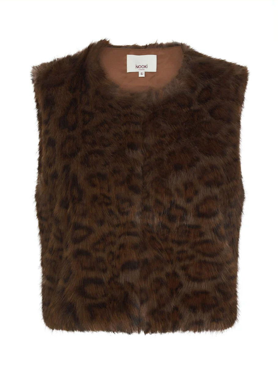chocolate brown leopard print faux fur gilet with round neck and hook closure