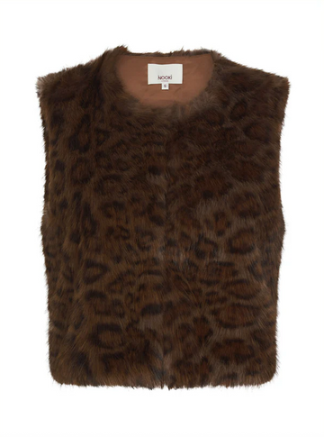 chocolate brown leopard print faux fur gilet with round neck and hook closure