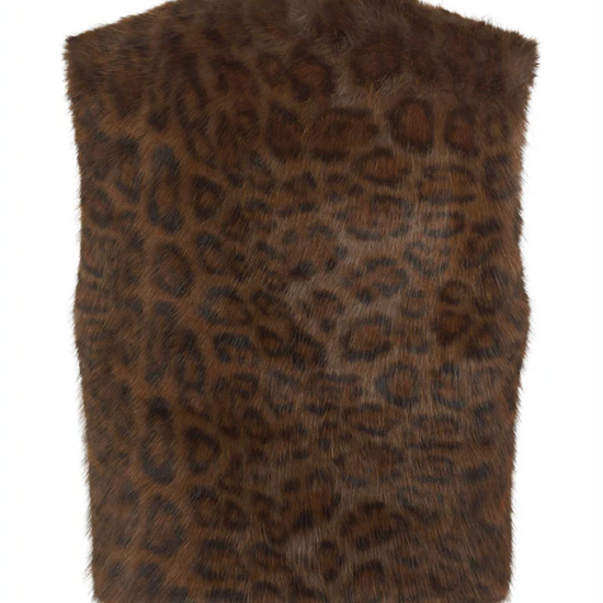 chocolate brown leopard print faux fur gilet with round neck and hook closure rear view
