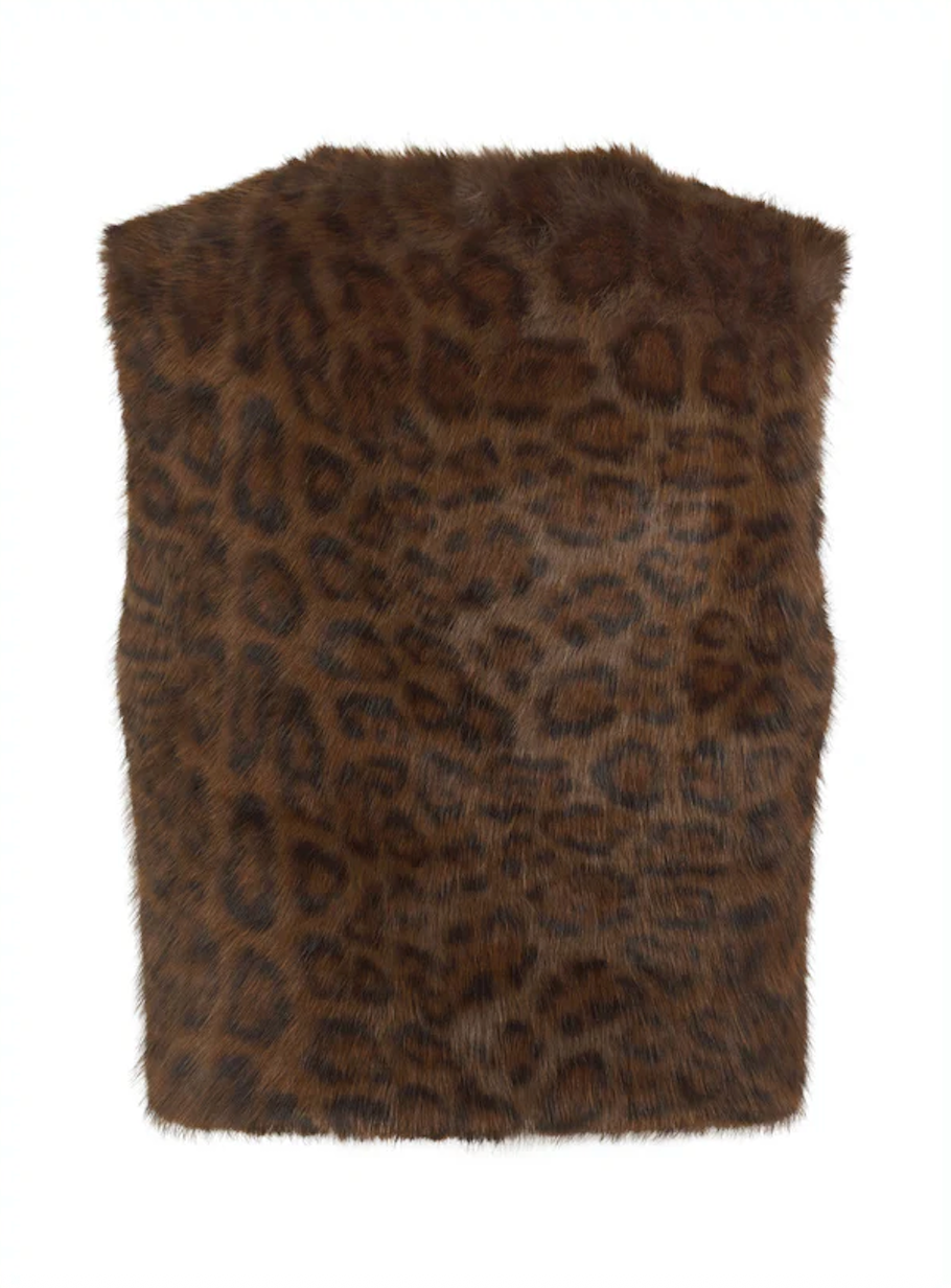chocolate brown leopard print faux fur gilet with round neck and hook closure rear view