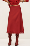 red polyester mid length skirt with lace trim and side zip from ba&sh model shot