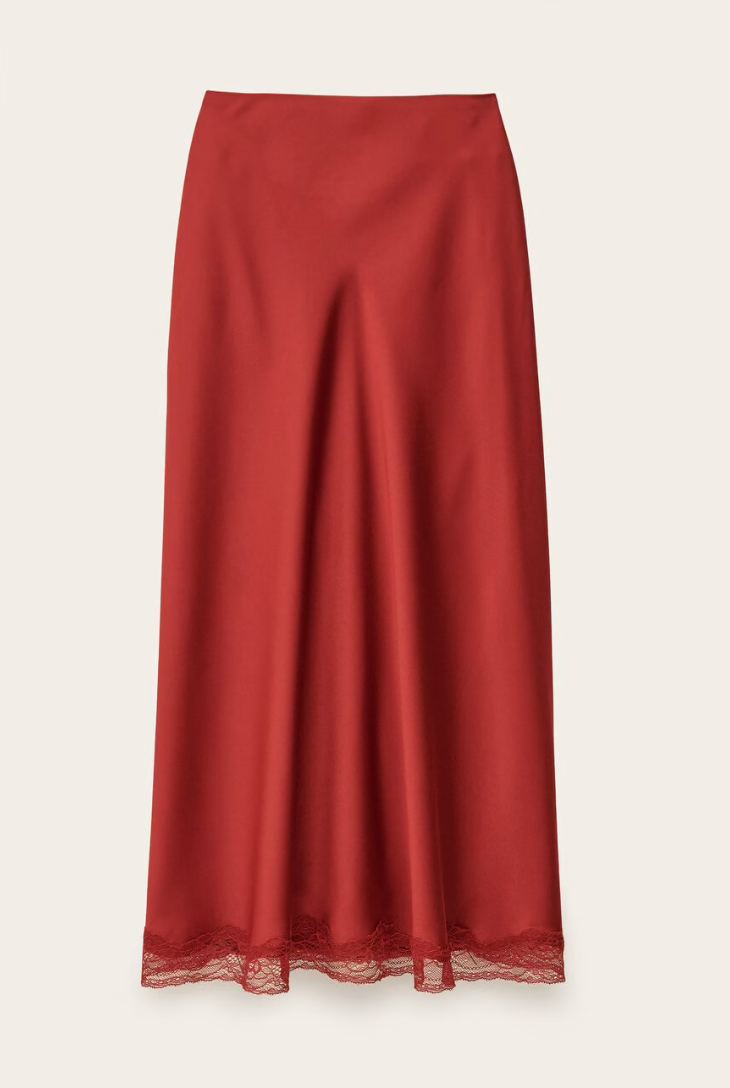 red polyester mid length skirt with lace trim and side zip from ba&sh