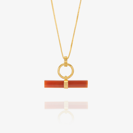gold ring necklace with orange bar on a gold chain form rachel jackson
