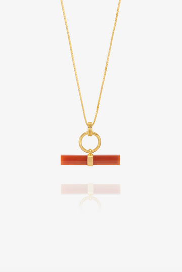 gold ring necklace with orange bar on a gold chain form rachel jackson