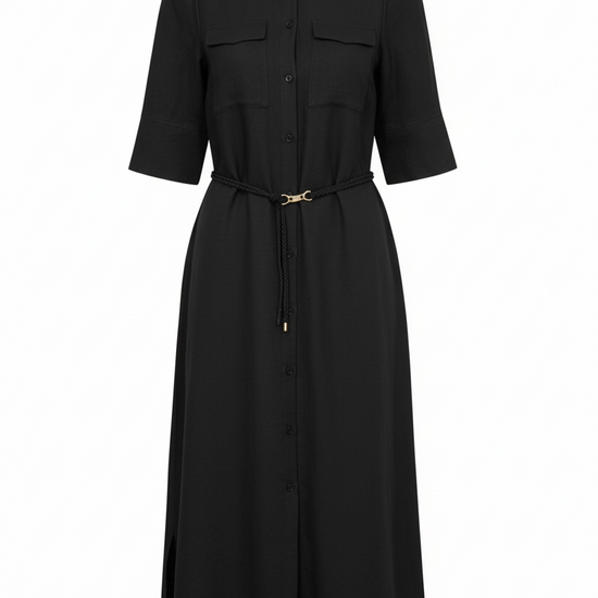 black mid length elbow length sleeve shirt dress with belt