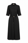 black mid length elbow length sleeve shirt dress with belt