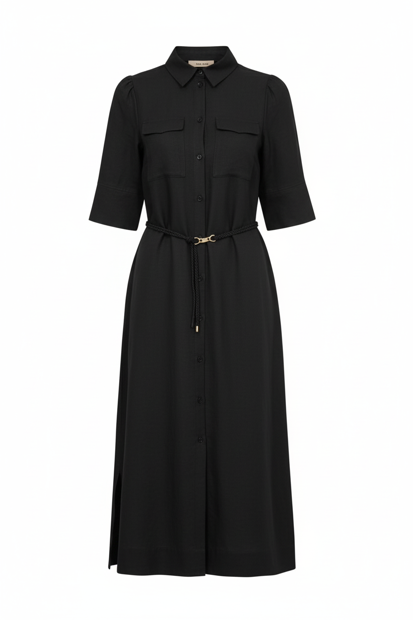 black mid length elbow length sleeve shirt dress with belt
