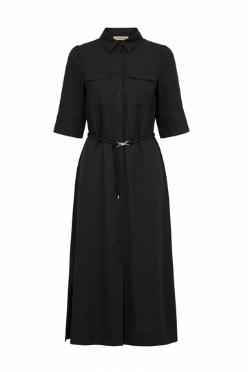 black mid length elbow length sleeve shirt dress with belt