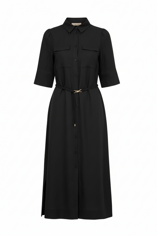 black mid length elbow length sleeve shirt dress with belt
