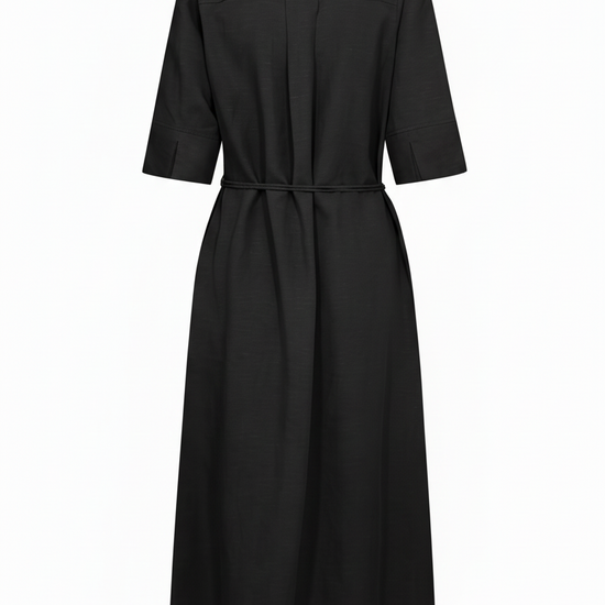 black mid length elbow length sleeve shirt dress with belt