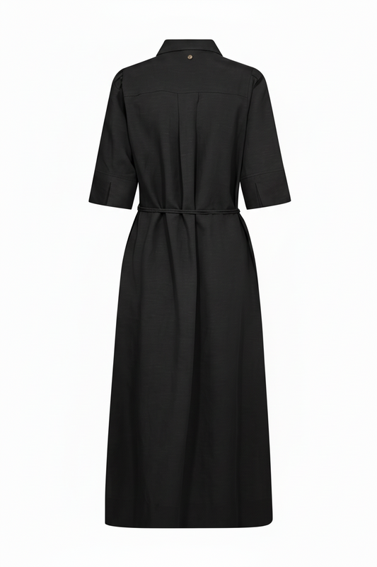 black mid length elbow length sleeve shirt dress with belt