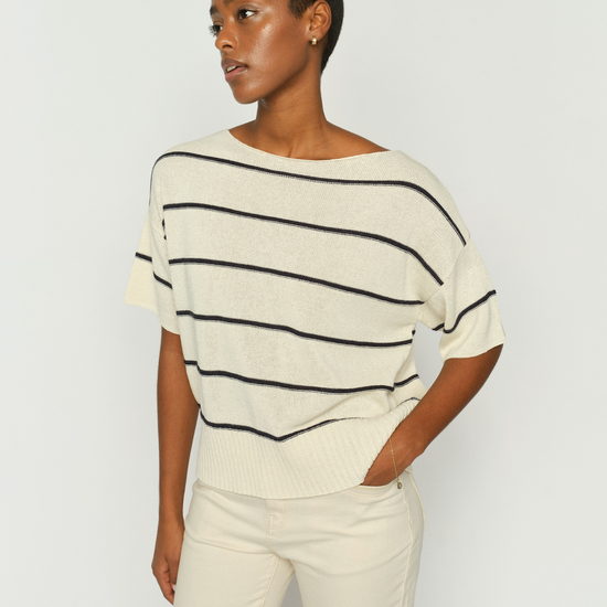 Ecru knit with black stripe with short sleeve worn with eru jeans from Mos Mosh