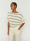Ecru knit with black stripe with short sleeve worn with eru jeans from Mos Mosh