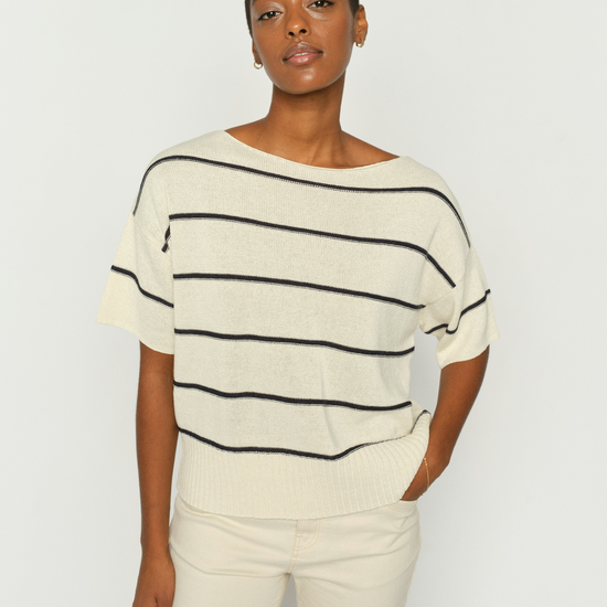 Cotton knit with black stripe short sleeve and drop shoulder from Mos Mosh