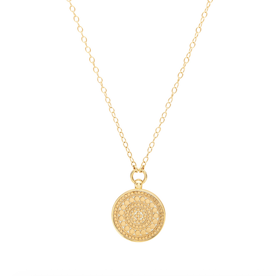 Sterling silver gold plated circular pendant necklace with dot work from Anna beck