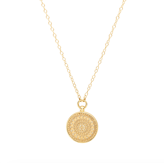 Sterling silver gold plated circular pendant necklace with dot work from Anna beck