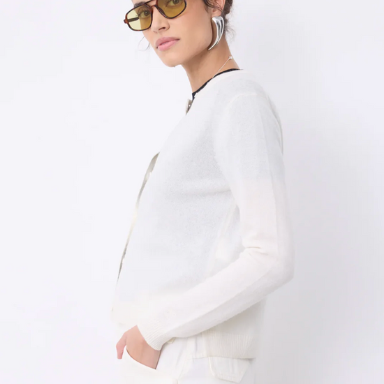 A model wearing a white knit long-sleeve cardigan and matching white trousers, styled with yellow-tinted sunglasses and silver hoop earrings against a plain white background.