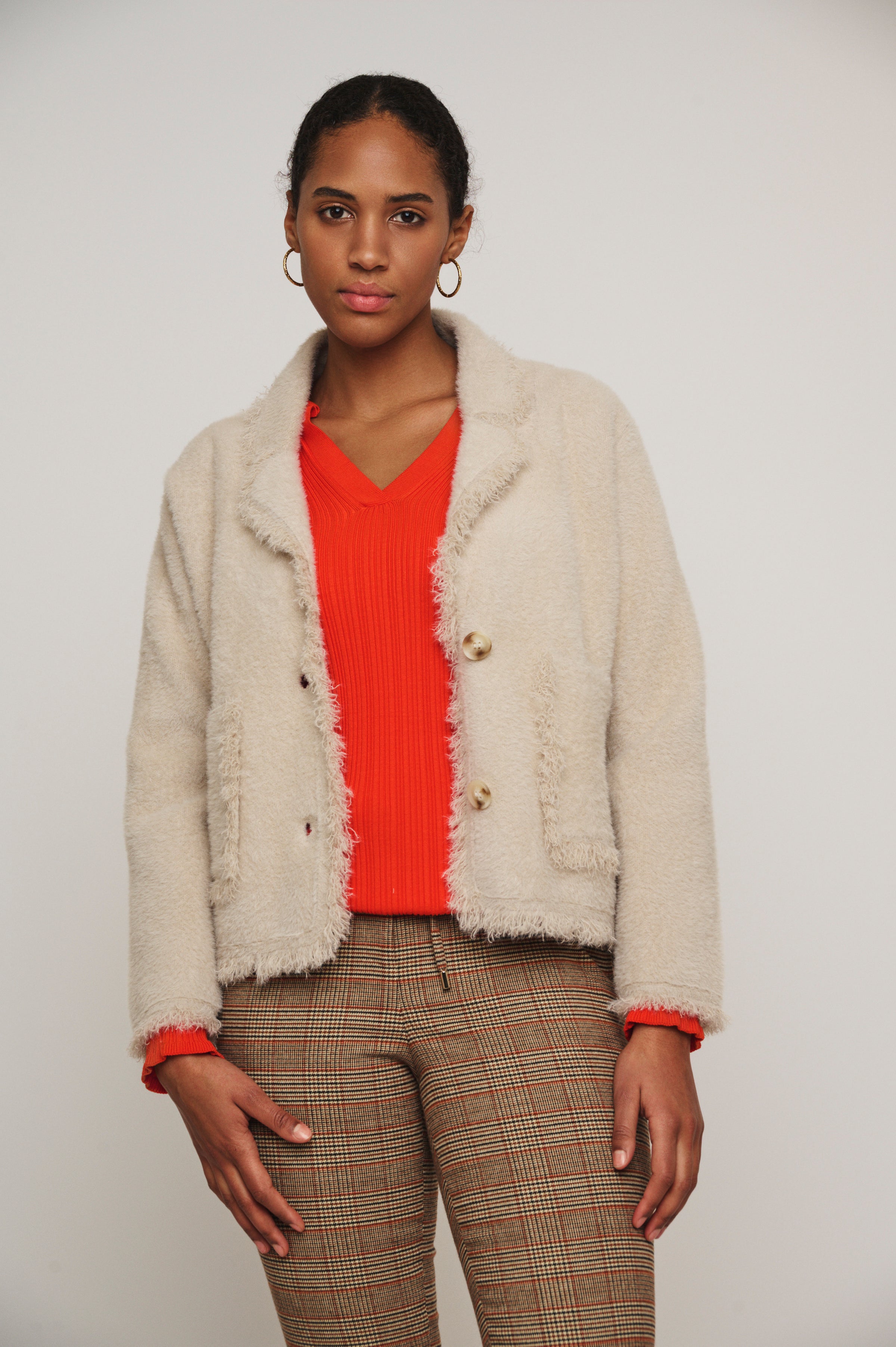 beige single breasted furry jacket