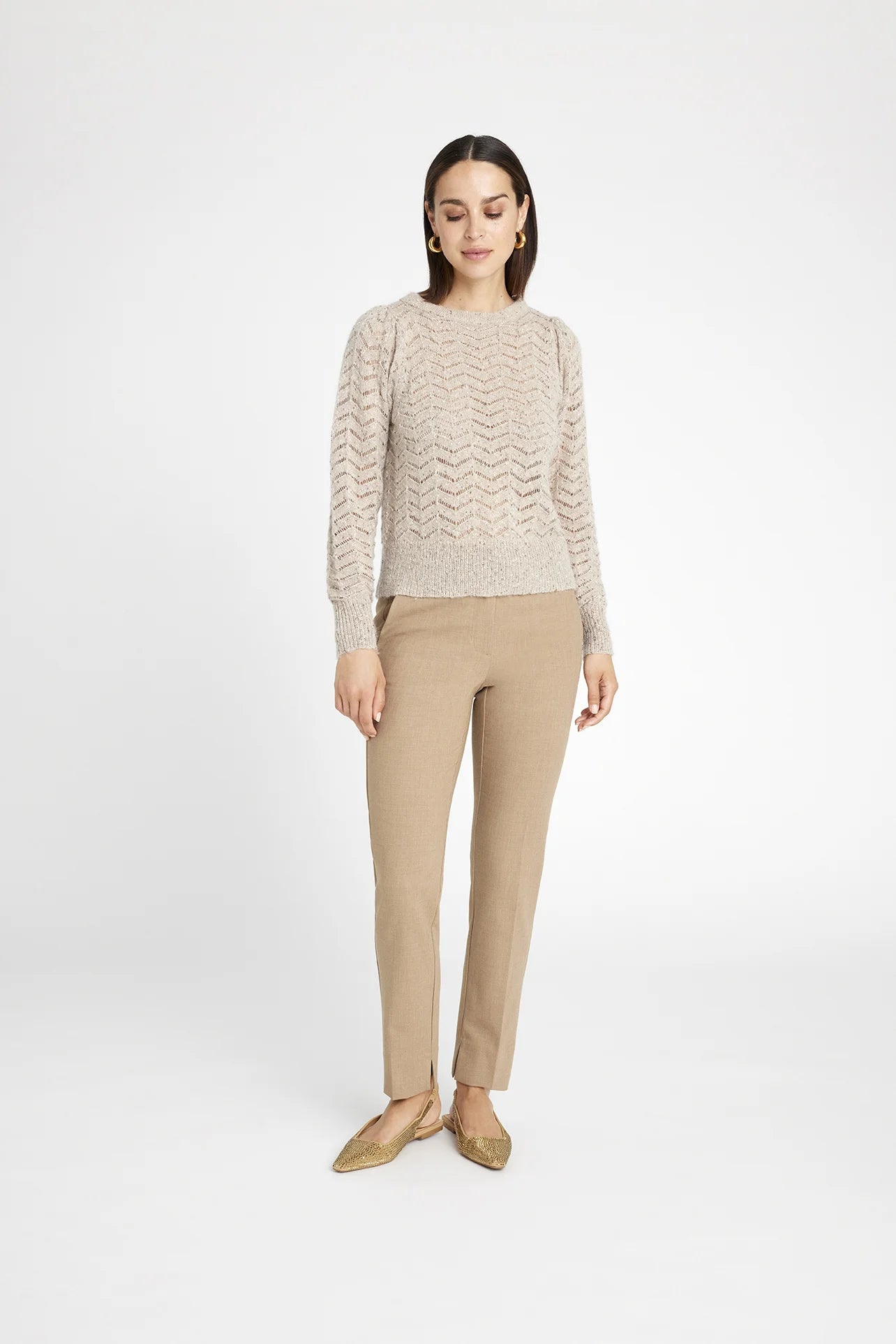 Model shot of knit with beige trouser