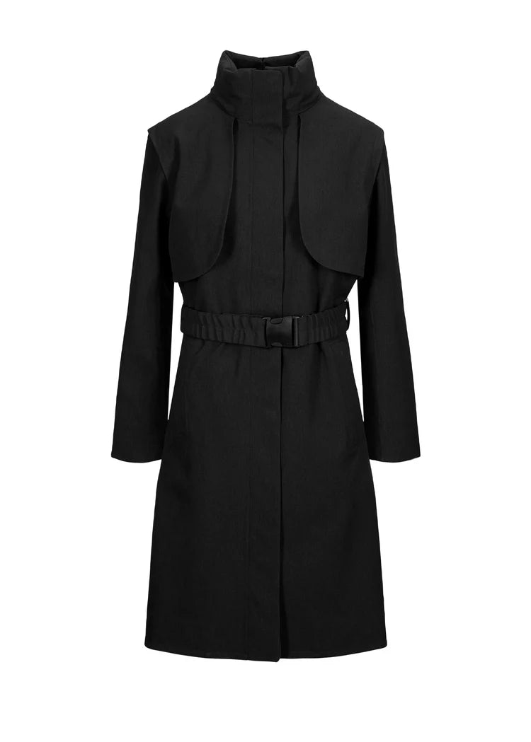 black waterproof trench with elasticated belt