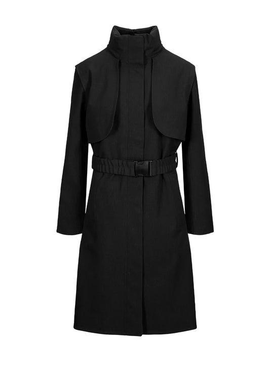 black waterproof trench with elasticated belt