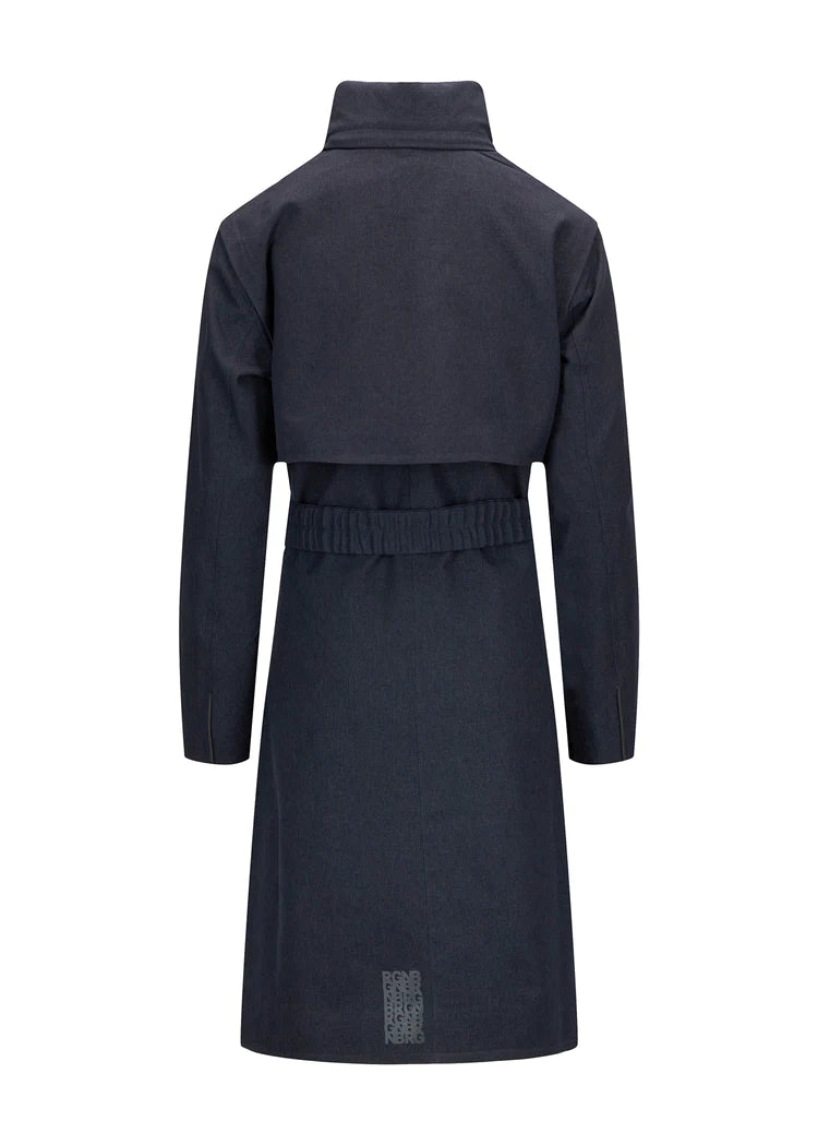 Navy slim line rain coat with funnel neckline