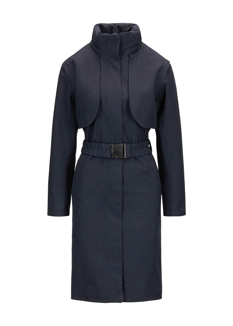 Navy slim line rain coat with funnel neckline