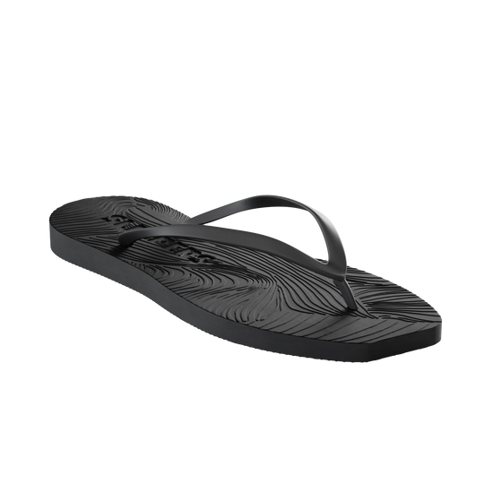 Square toe black rubber flip flops from sleepers side view