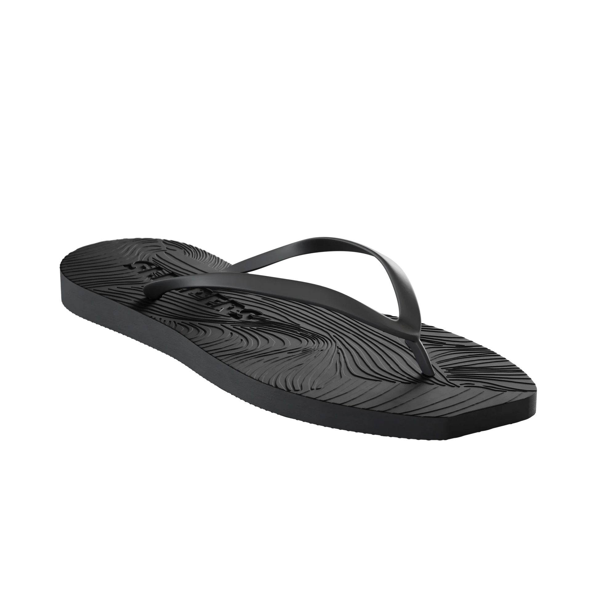Square toe black rubber flip flops from sleepers side view