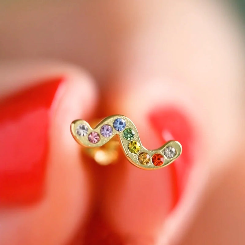 Snake shape stud earring with multi colour crystal detail