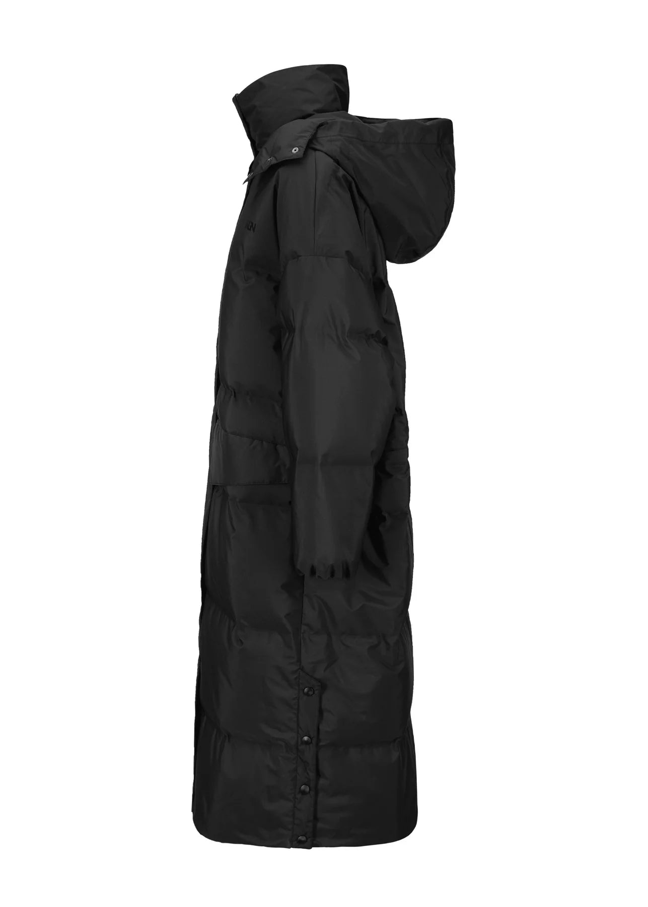 mid length puffer coat with high neck and concealed placket from BRGN side view
