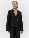 v neck black blazer with flared sleeves and single statement button from day birger