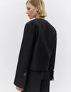 v neck black blazer with flared sleeves and single statement button from day birger rear view