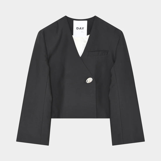 v neck black blazer with flared sleeves and single statement button from day birger flat lay