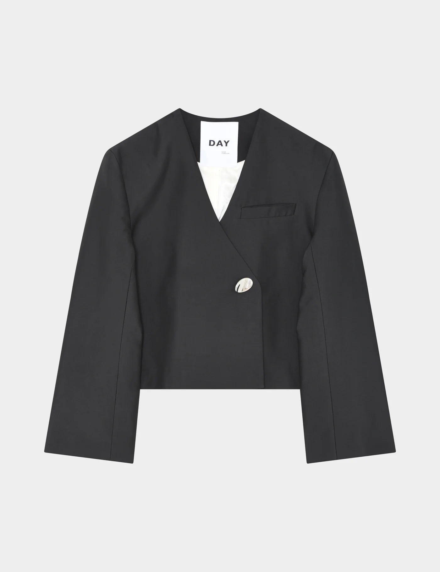 v neck black blazer with flared sleeves and single statement button from day birger flat lay