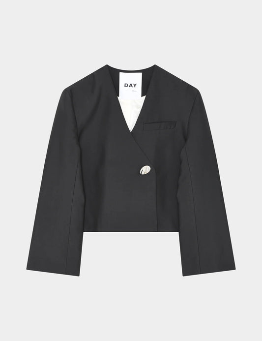 v neck black blazer with flared sleeves and single statement button from day birger flat lay