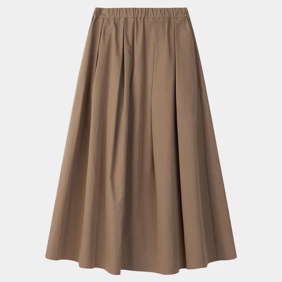 A brown pleated A-line midi skirt with an elastic waistband, shown against a plain light gray background.