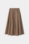 A brown pleated A-line midi skirt with an elastic waistband, shown against a plain light gray background.
