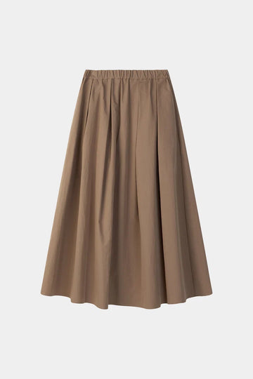 A brown pleated A-line midi skirt with an elastic waistband, shown against a plain light gray background.
