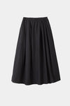 A black pleated A-line skirt with an elastic waistband, shown against a plain light gray background.