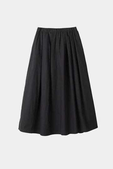 A black pleated A-line skirt with an elastic waistband, shown against a plain light gray background.