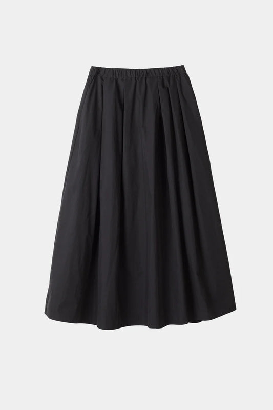 A black pleated A-line skirt with an elastic waistband, shown against a plain light gray background.