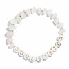 Pink crystal bracelet with white beads spelling "Soul sister""
